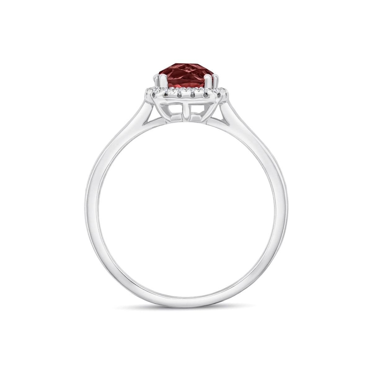 9CT WG 6MM CHECKERBOARD CUT CUSHION GARNET AND ROUND DIAMOND CLAW SET CLUSTER RING