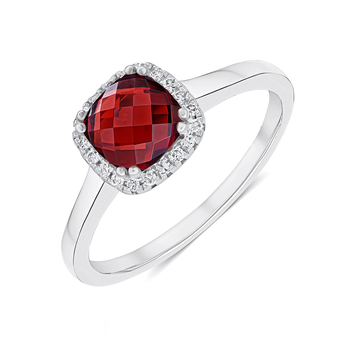 9CT WG 6MM CHECKERBOARD CUT CUSHION GARNET AND ROUND DIAMOND CLAW SET CLUSTER RING