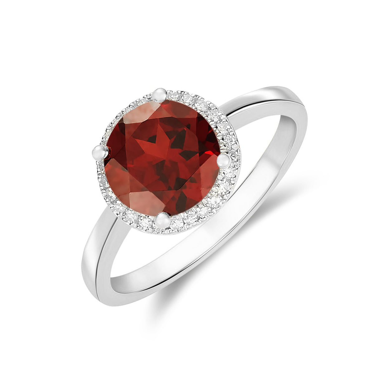 9CT WG 8MM ROUND GARNET AND DIAMOND CLAW CLUSTER RING