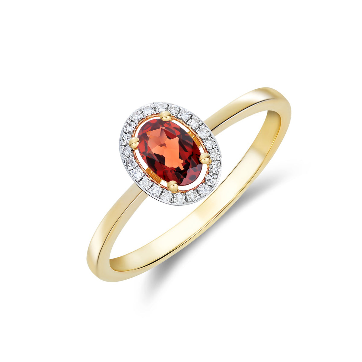 9CT YG 6X4 OVAL GARNET AND ROUND DIAMOND HALO CLUSTER RING
