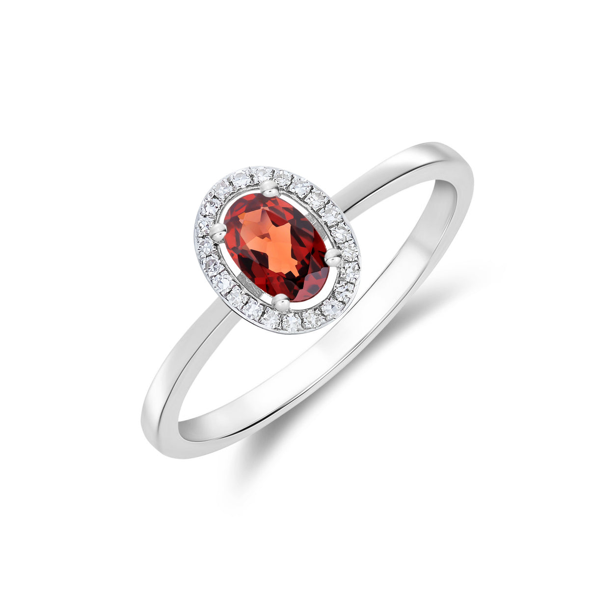 9CT WG 6X4 OVAL GARNET AND ROUND DIAMOND HALO CLUSTER RING