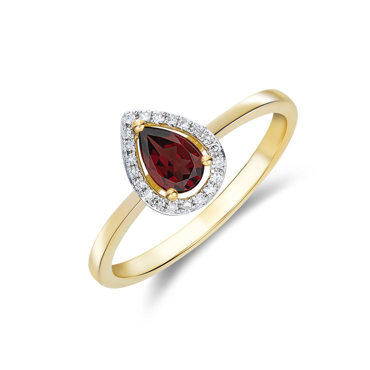 9CT YG 6X4 PEARSHAPE GARNET & DIAMOND HALO CLAW CLUSTER RING