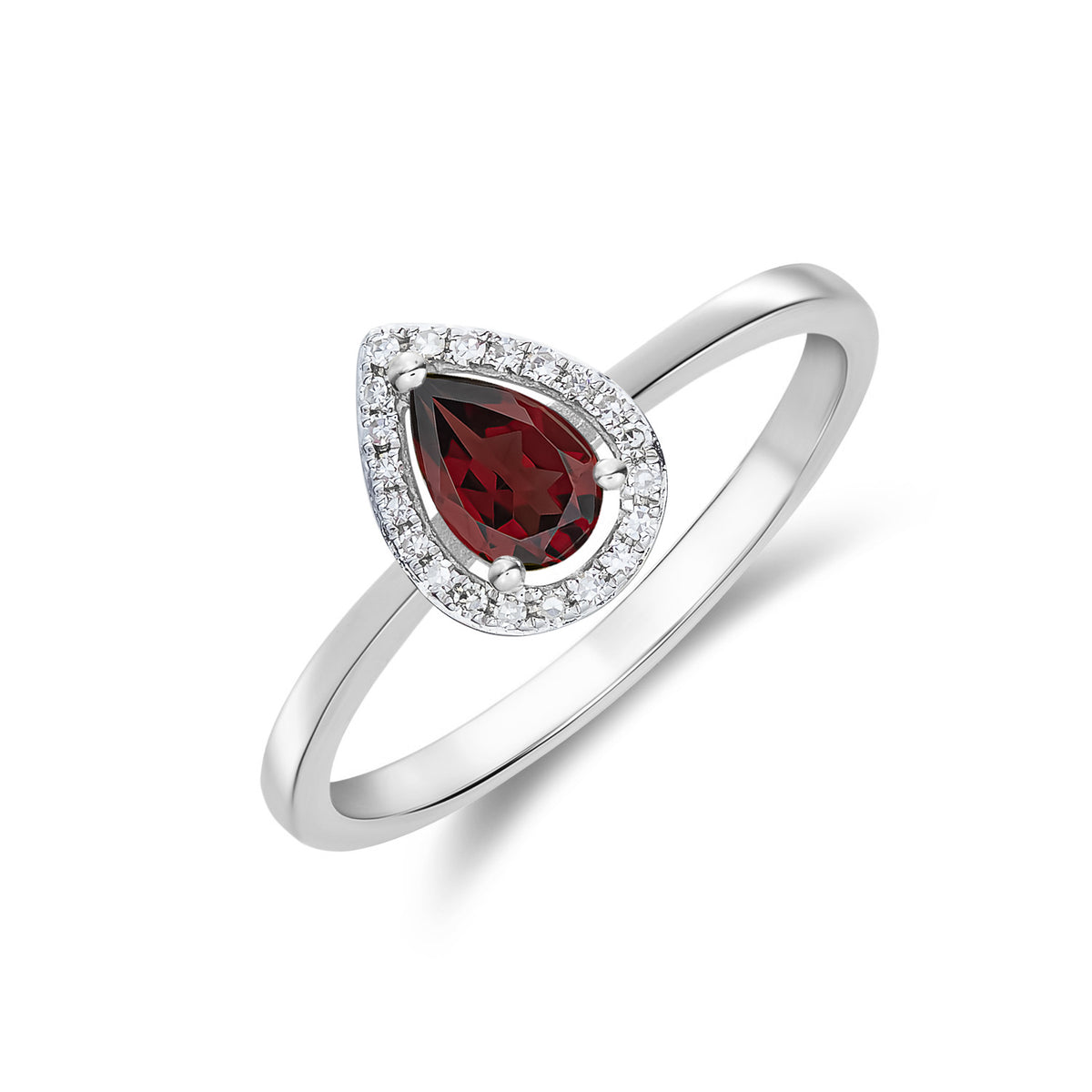 9CT WG 6X4 PEARSHAPE GARNET & DIAMOND HALO CLAW CLUSTER RING