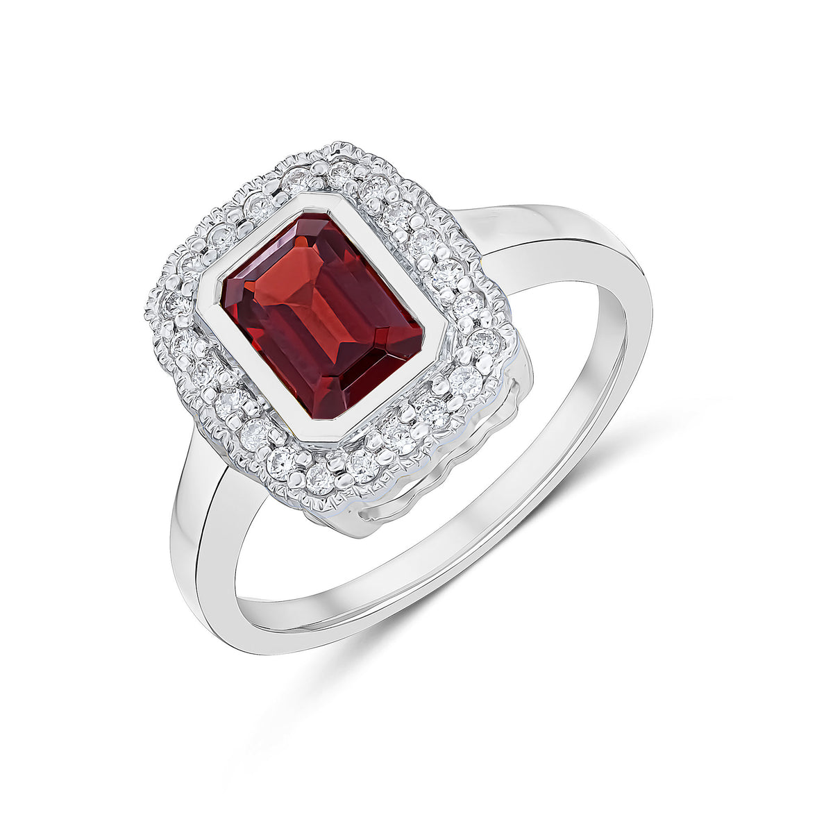 9CT WG RUBOVER 7X5 OCTAGON GARNET AND DIAMOND CLUSTER RING WITH MILLEGRAIN EDGE
