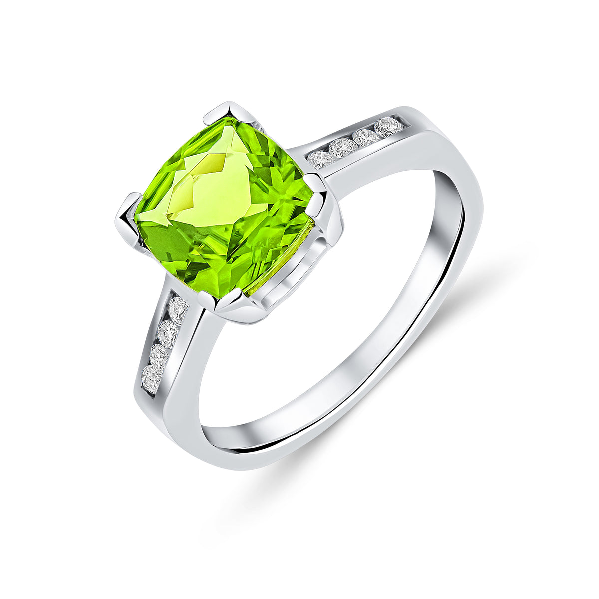9CT WG CLAW SET CUSHION PERIDOT SINGLE STONE RING WITH CHANNEL SET DIAMOND SHOULDERS