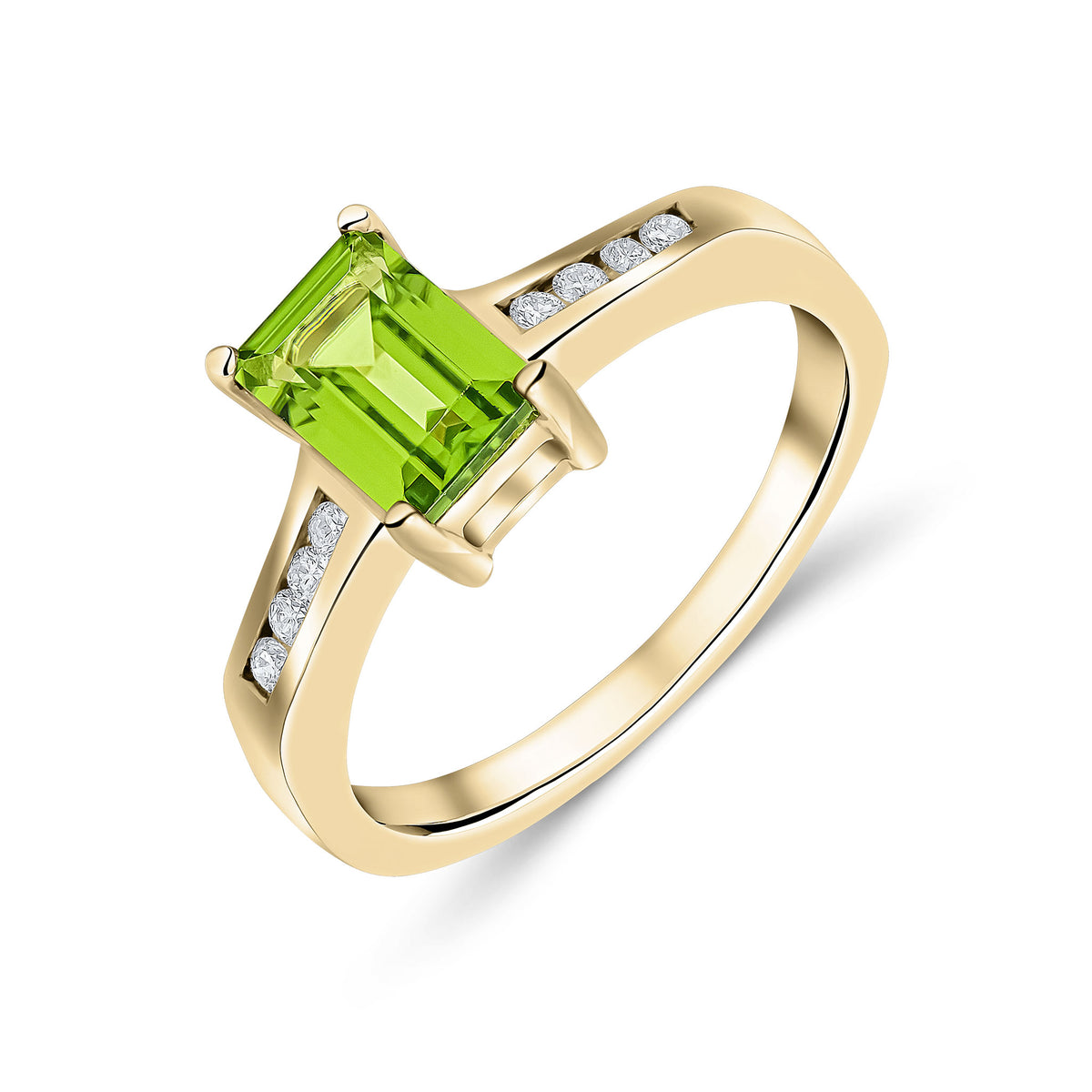 9CT YG 7X5 OCTAGON PERIDOT CLAW SET SINGLE STONE RING WITH CHANNEL SET DIAMOND SHOULDERS