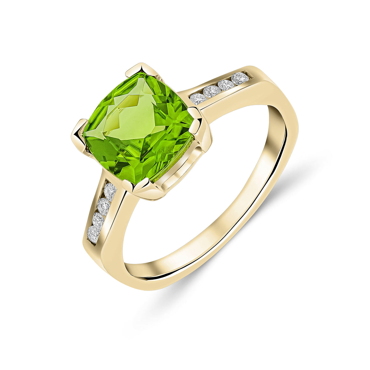 9CT YG CLAW SET CUSHION PERIDOT SINGLE STONE RING WITH CHANNEL SET DIAMOND SHOULDERS