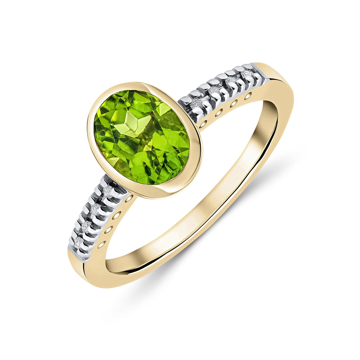 9CT YG RUBOVER 8X6 OVAL PERIDOT SINGLE STONE RING WITH CLAW SET DIAMOND SHOULDERS. RHODIUM TO DIAMONDS