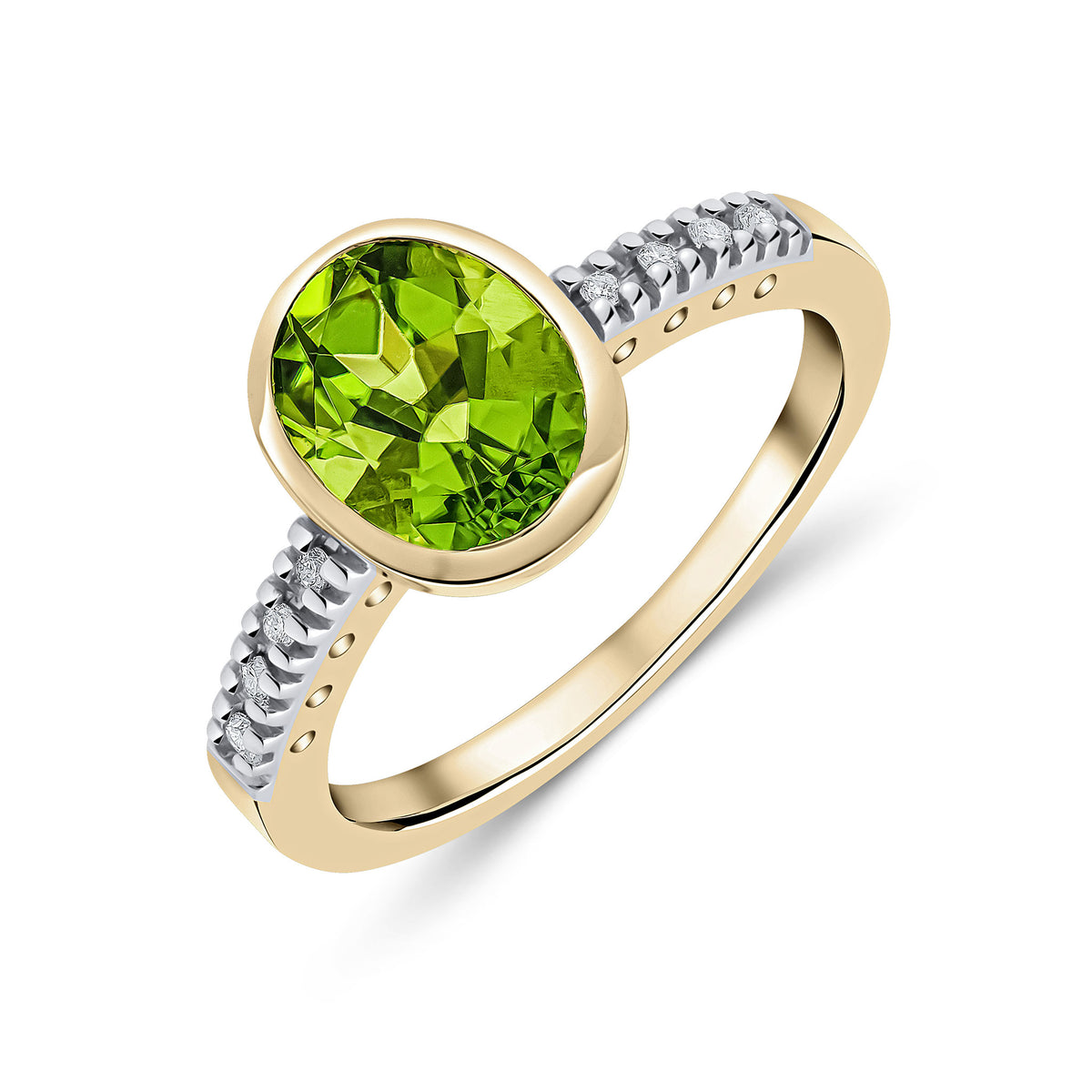 9CT YG RUBOVER 9X7 OVAL PERIDOT SINGLE STONE RING WITH CLAW SET DIAMOND SHOULDERS. RHODIUM TO DIAMONDS