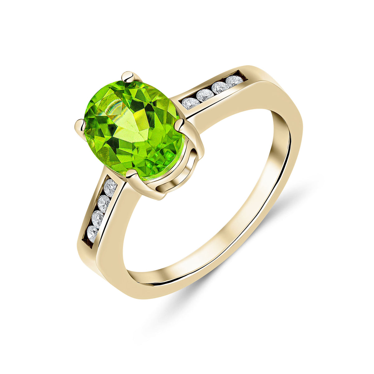 9CT YG 9X7MM CLAW SET OVAL PERIDOT SINGLE STONE RING WITH CHANNEL SET DIAMOND SHOULDERS