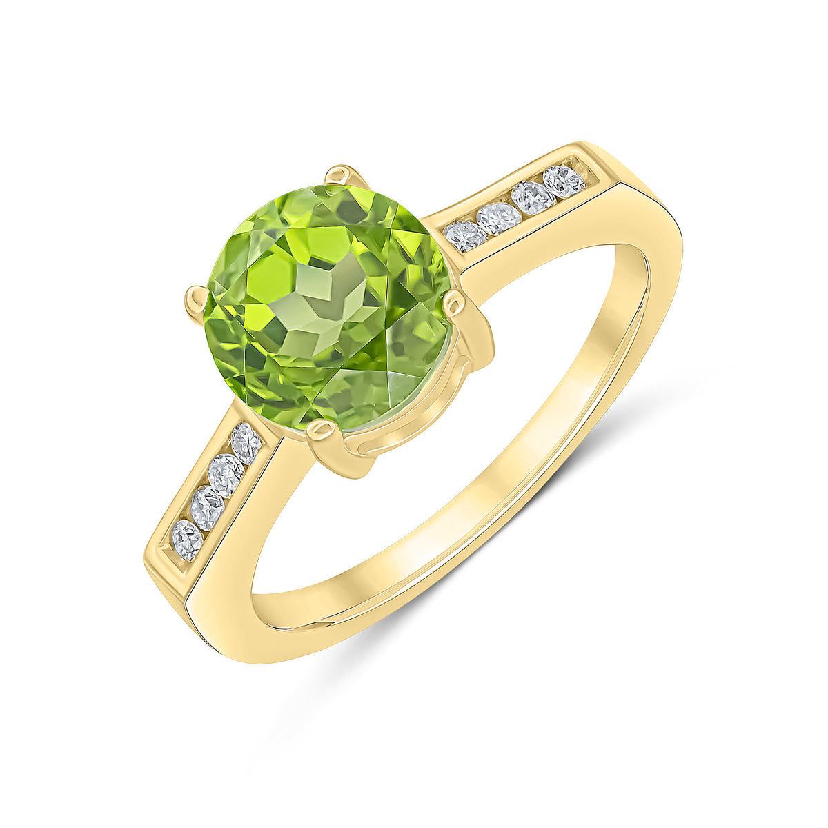 9CT YG CLAW SET 8MM ROUND PERIDOT SINGLE STONE RING WITH CHANNEL SET DIAMOND SHOULDERS
