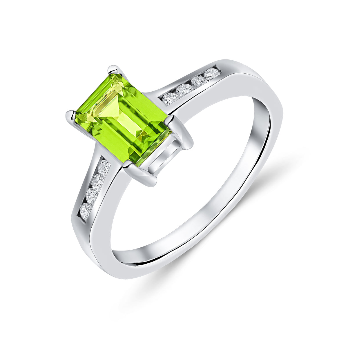 9CT WG 7X5 OCTAGON PERIDOT CLAW SET SINGLE STONE RING WITH CHANNEL SET DIAMOND SHOULDERS