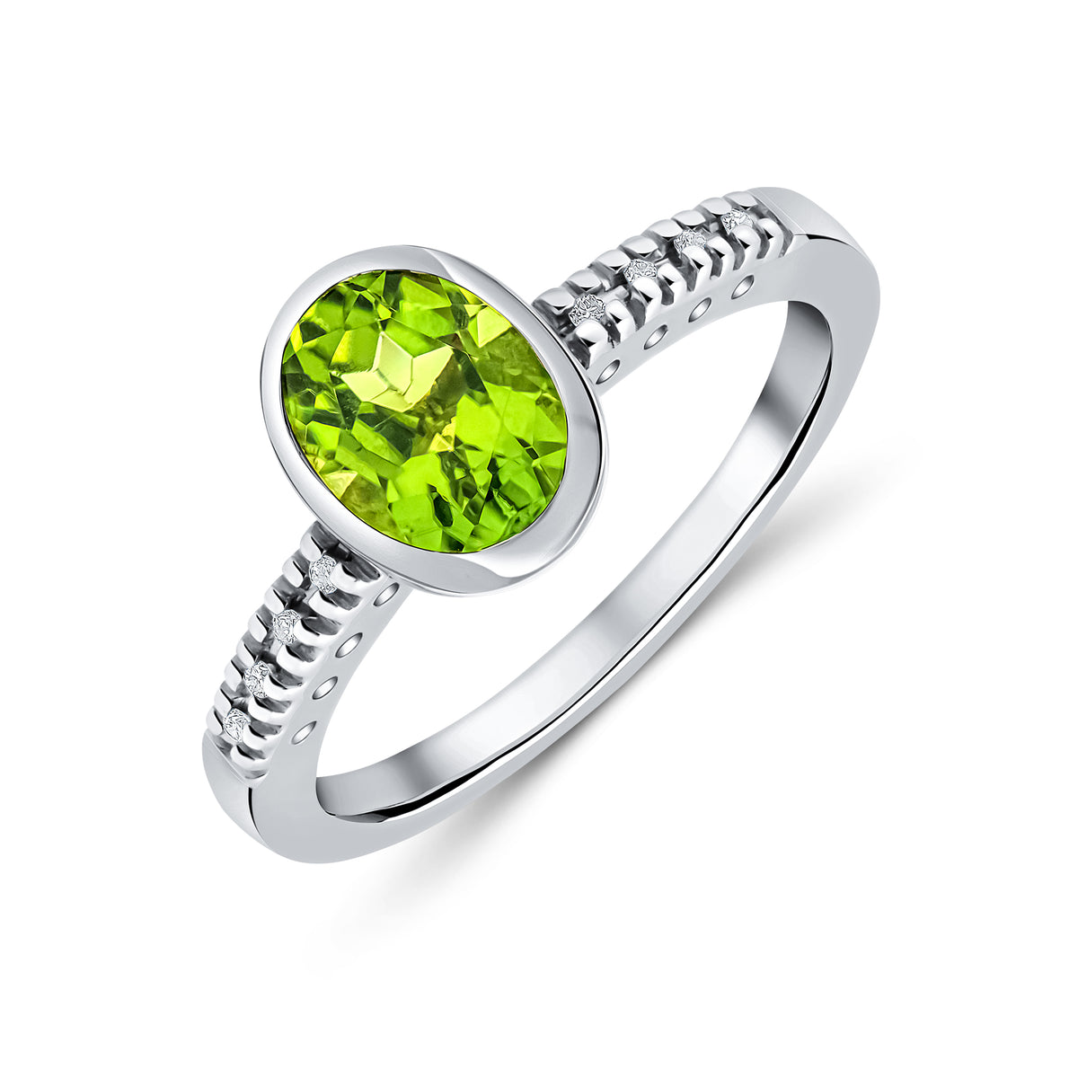 9CT WG RUBOVER 8X6 OVAL PERIDOT SINGLE STONE RING WITH CLAW SET DIAMOND SHOULDERS
