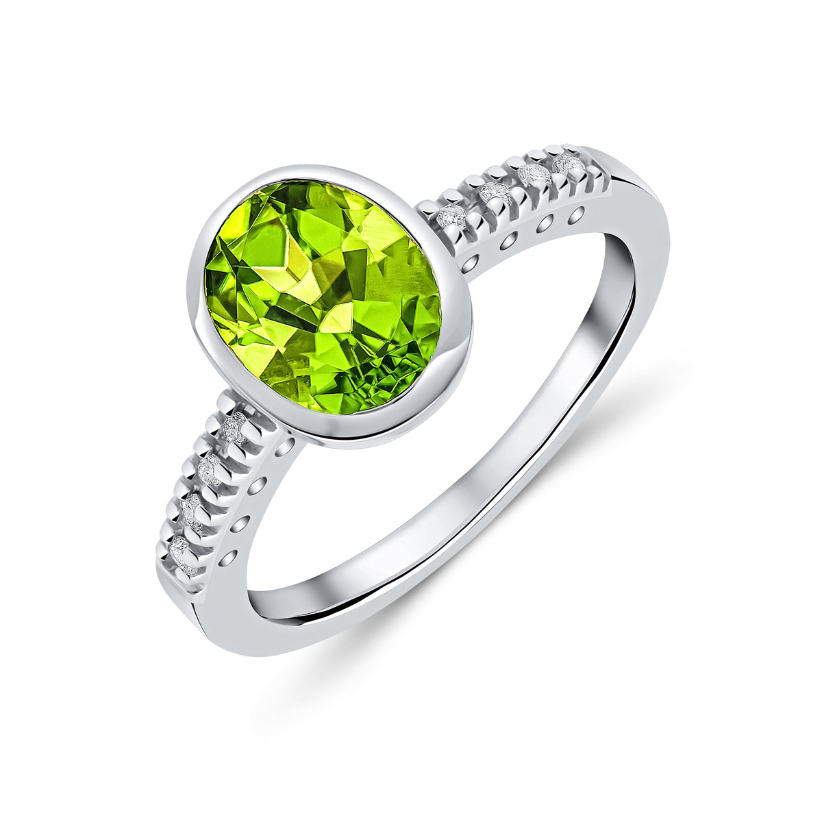 9CT WG RUBOVER 9X7 OVAL PERIDOT SINGLE STONE RING WITH CLAW SET DIAMOND SHOULDERS