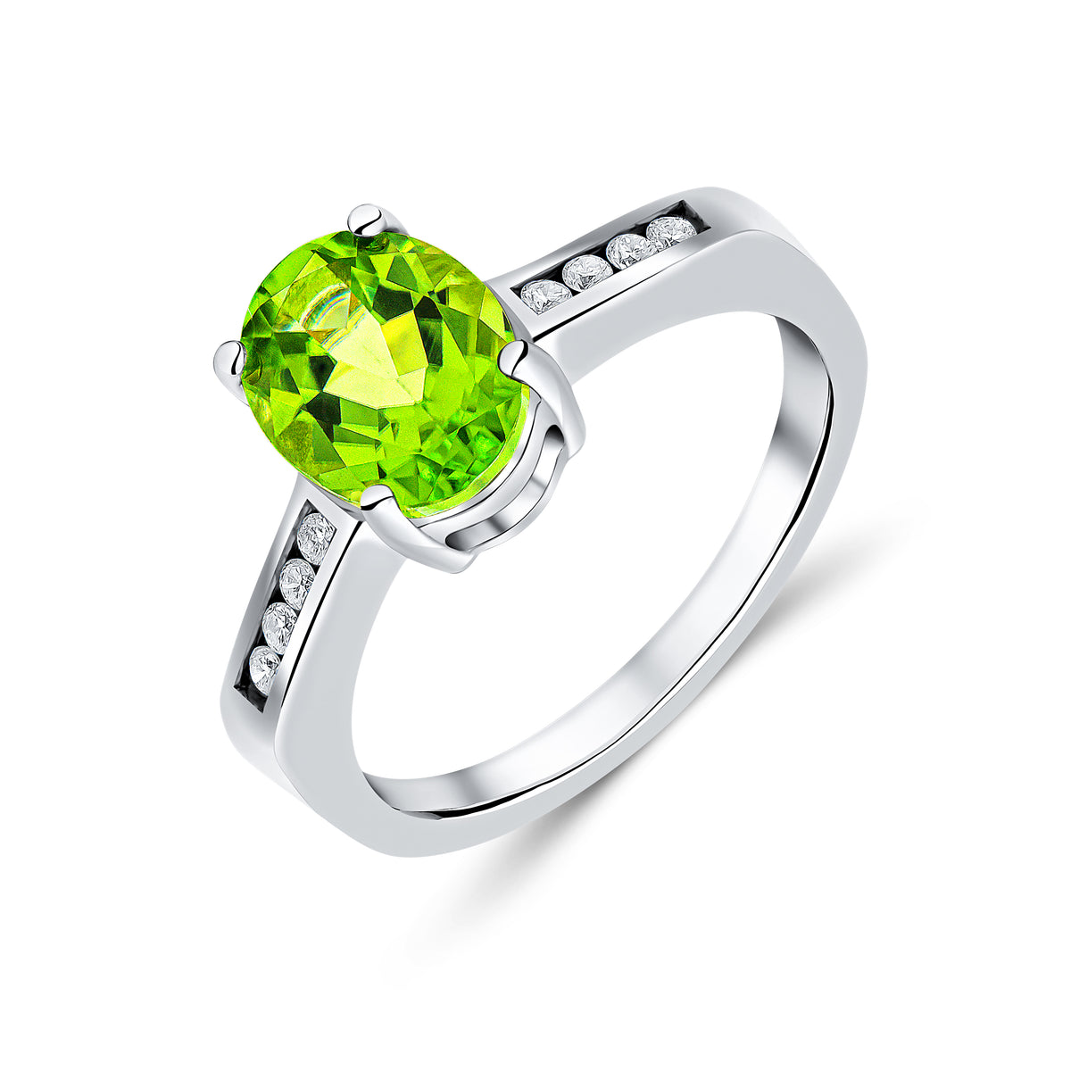 9CT WG CLAW SET 9X7 OVAL PERIDOT SINGLE STONE RING WITH CHANNEL SET DIAMOND SHOULDERS