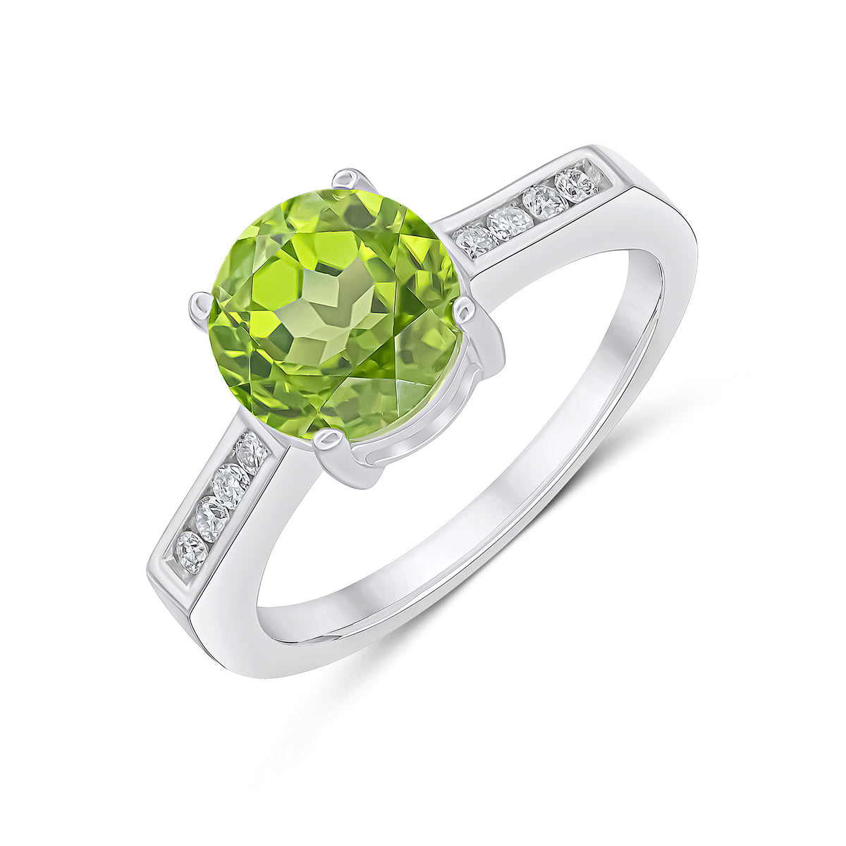9CT WG CLAW SET 8MM ROUND PERIDOT SINGLE STONE RING WITH CHANNEL SET DIAMOND SHOULDERS