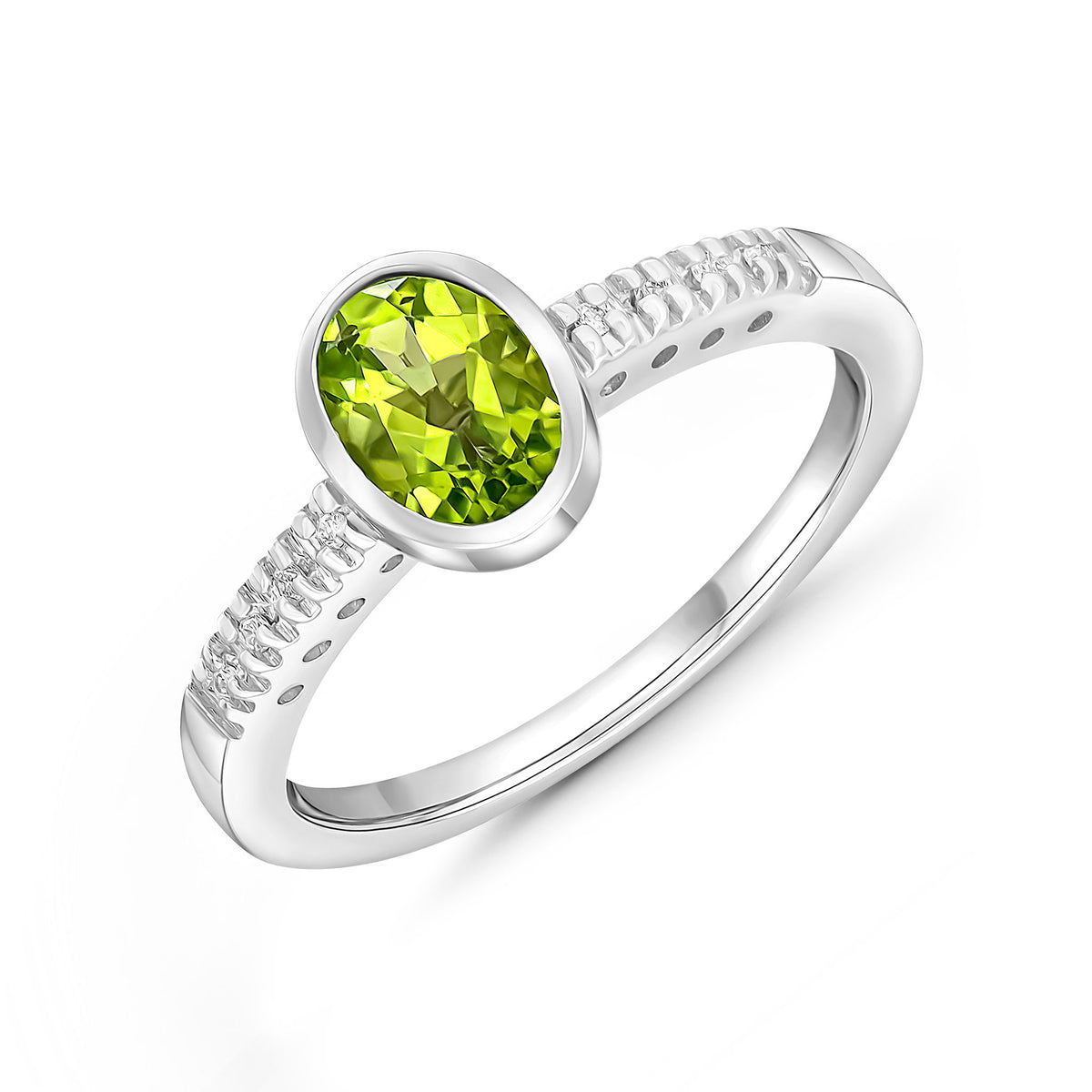 9CT WG RUBOVER 7X5 OVAL PERIDOT SINGLE STONE RING WITH CLAW SET DIAMOND SHOULDERS