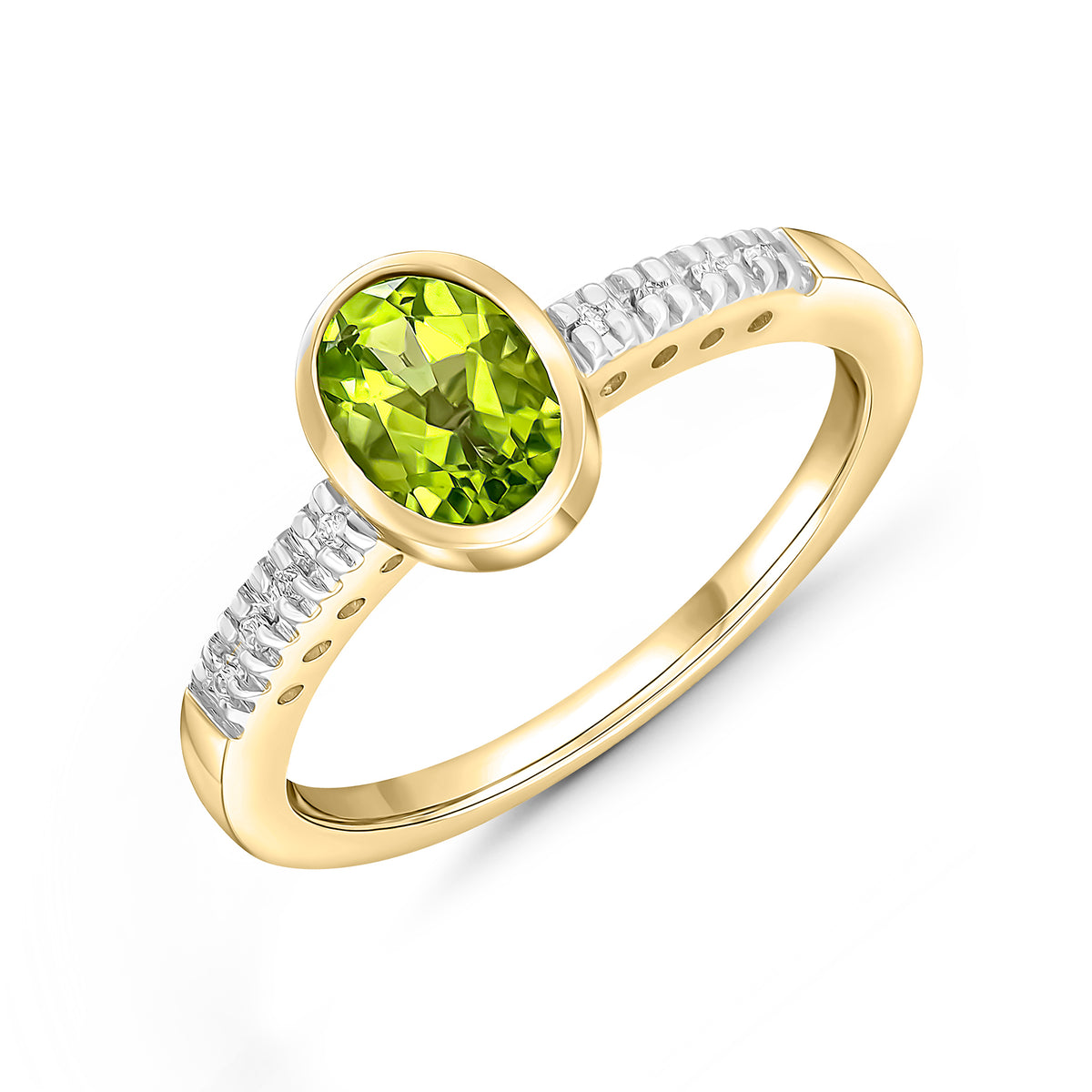 9CT YG RUBOVER 7X5 OVAL PERIDOT SINGLE STONE RING WITH CLAW SET DIAMOND SHOULDERS. RHODIUM TO DIAMONDS