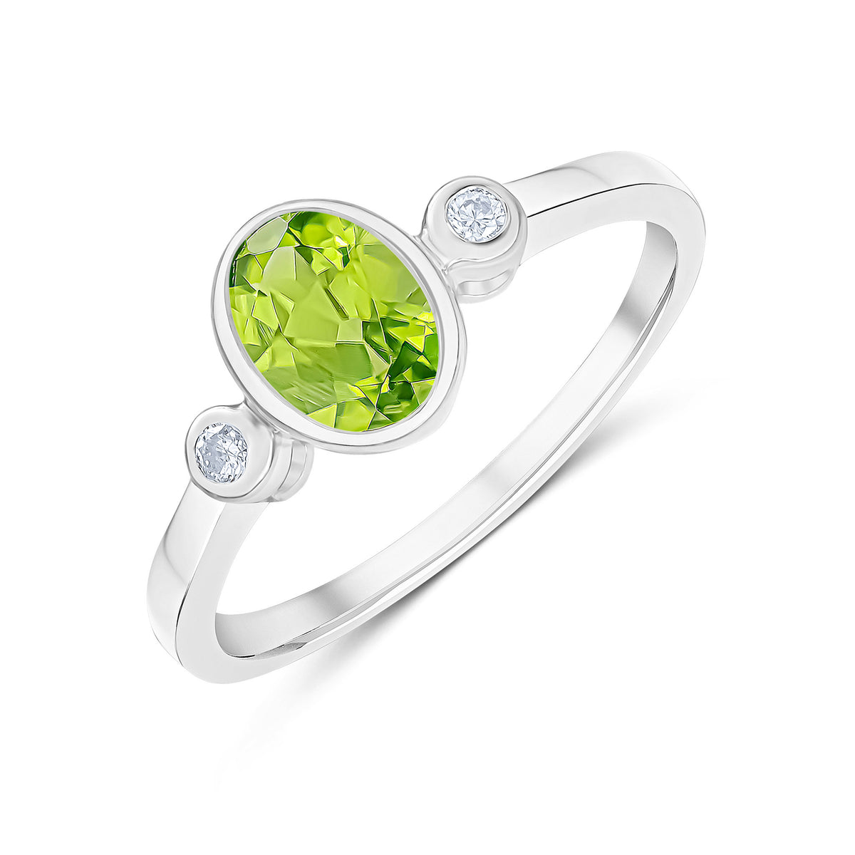 9CT WG 7X5 OVAL PERIDOT & ROUND DIAMOND RUBOVER 3 STONE RING.
