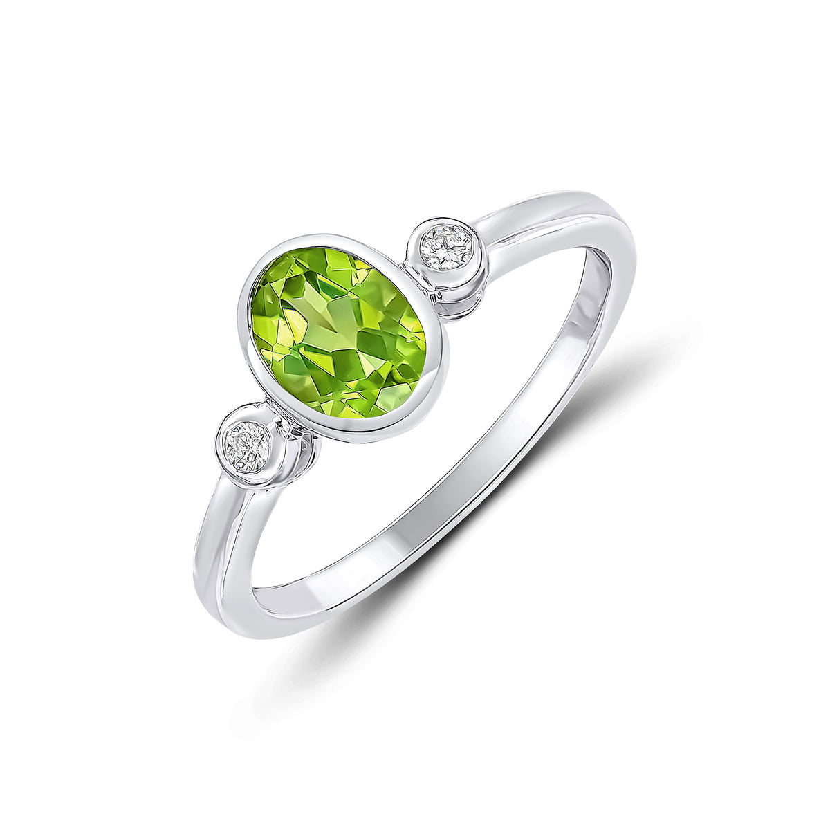 9CT WG 7X5 OVAL PERIDOT & ROUND DIAMOND RUBOVER 3 STONE RING.