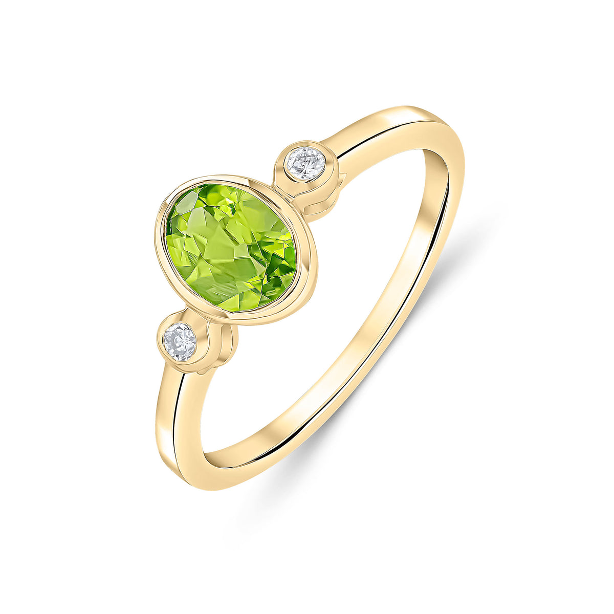 9CT YG 7X5 OVAL PERIDOT & ROUND DIAMOND RUBOVER 3 STONE RING. RHODIUM TO DIAMONDS