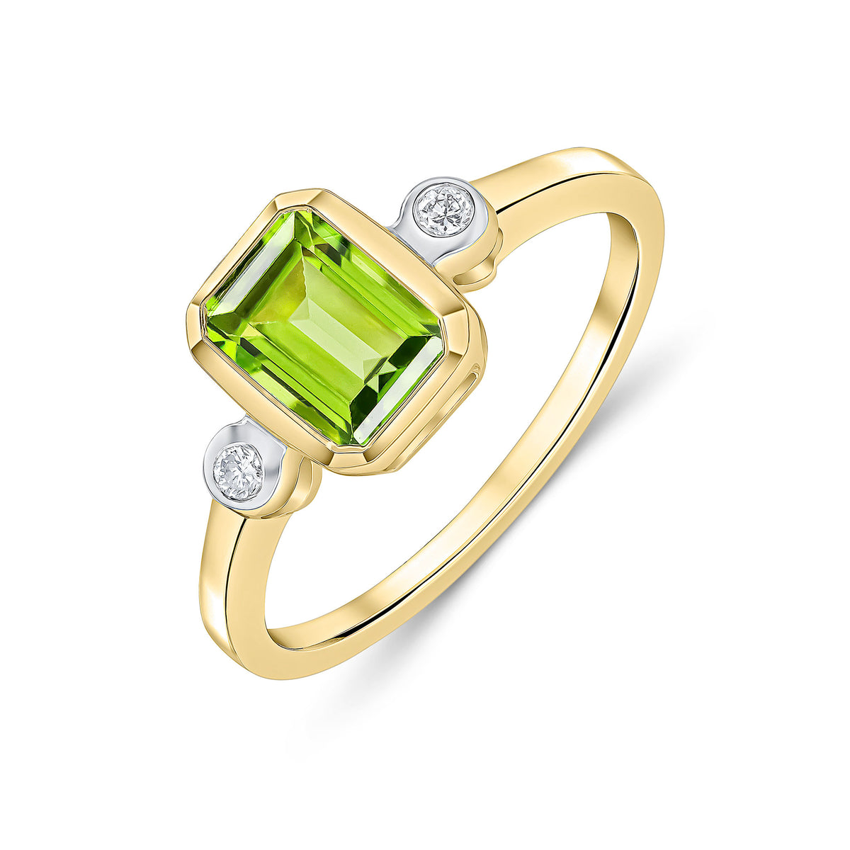 9CT YG 7X5 OCTAGON PERIDOT AND ROUND DIAMOND 3 STONE RUBOVER RING. RHODIUM TO DIAMONDS