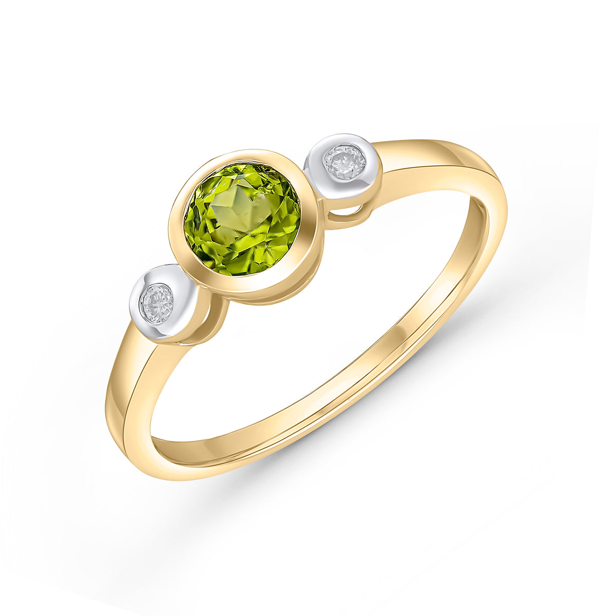 9CT YG 5MM ROUND PERIDOT AND DIAMOND RUBOVER 3ST RING. RHODIUM TO DIAMONDS