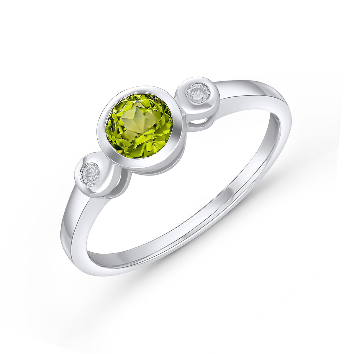 9CT WG 5MM ROUND PERIDOT AND DIAMOND RUBOVER 3ST RING