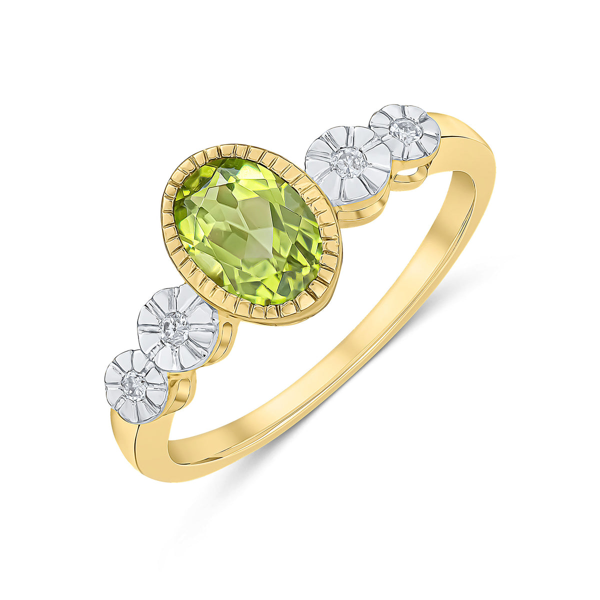 9CT YELLOW GOLD MILLEGRAIN OVAL PERIDOT AND ILLUSION DIAMOND 4ST SHOULDERS RING