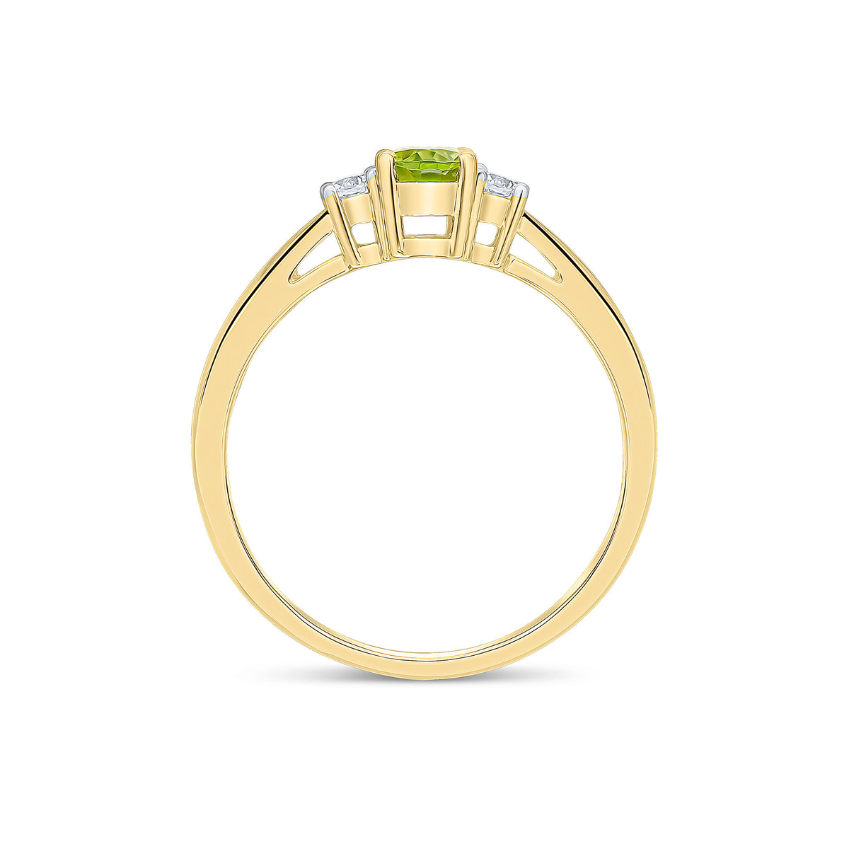 9CT YG 6X4 OVAL PERIDOT AND ROUND DIAMOND CLAW SET 3ST RING. RHODIUM TO DIAMONDS