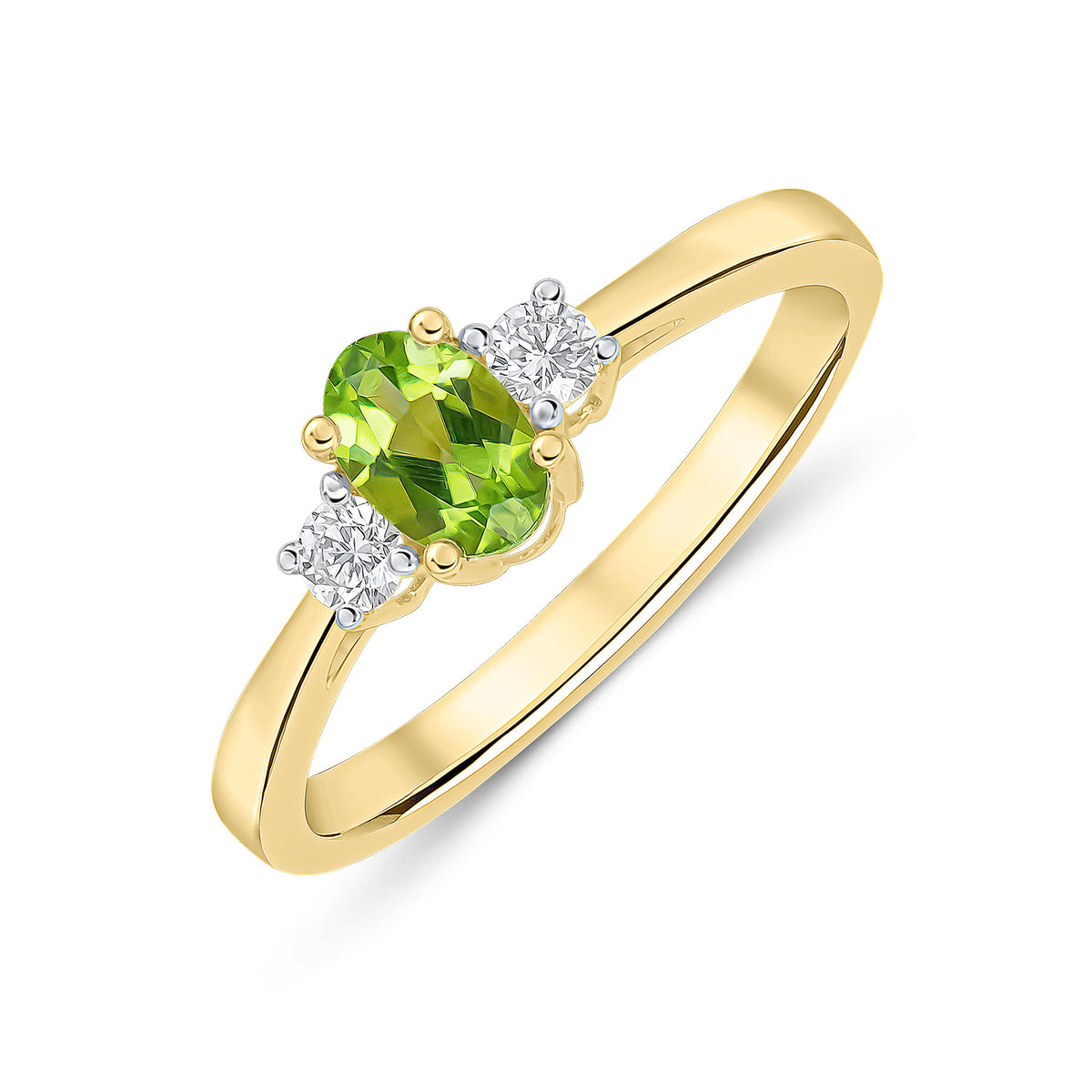 9CT YG 6X4 OVAL PERIDOT AND ROUND DIAMOND CLAW SET 3ST RING. RHODIUM TO DIAMONDS