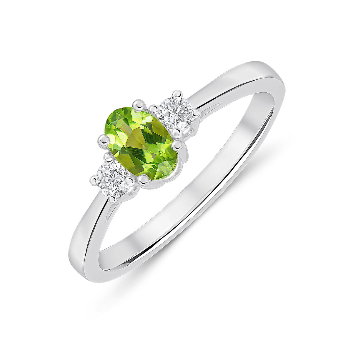 9CT WG 6X4 OVAL PERIDOT AND ROUND DIAMOND CLAW SET 3ST RING
