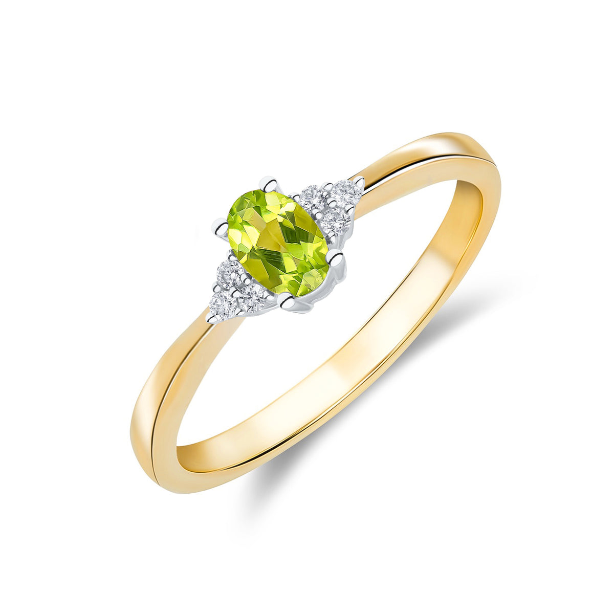 9CT YWG 6X4 OVAL PERIDOT AND ROUND DIAMOND TREFOIL SHOULDERS RING
