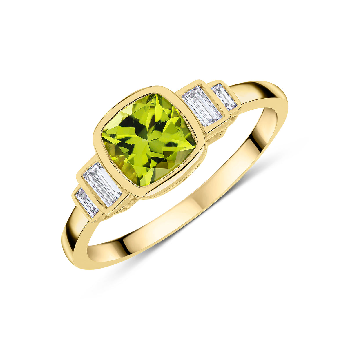 9CT YG 6MM CUSHION PERIDOT & BAGUETTE DIAMOND 2ST STEPPED SHOULDERS RING