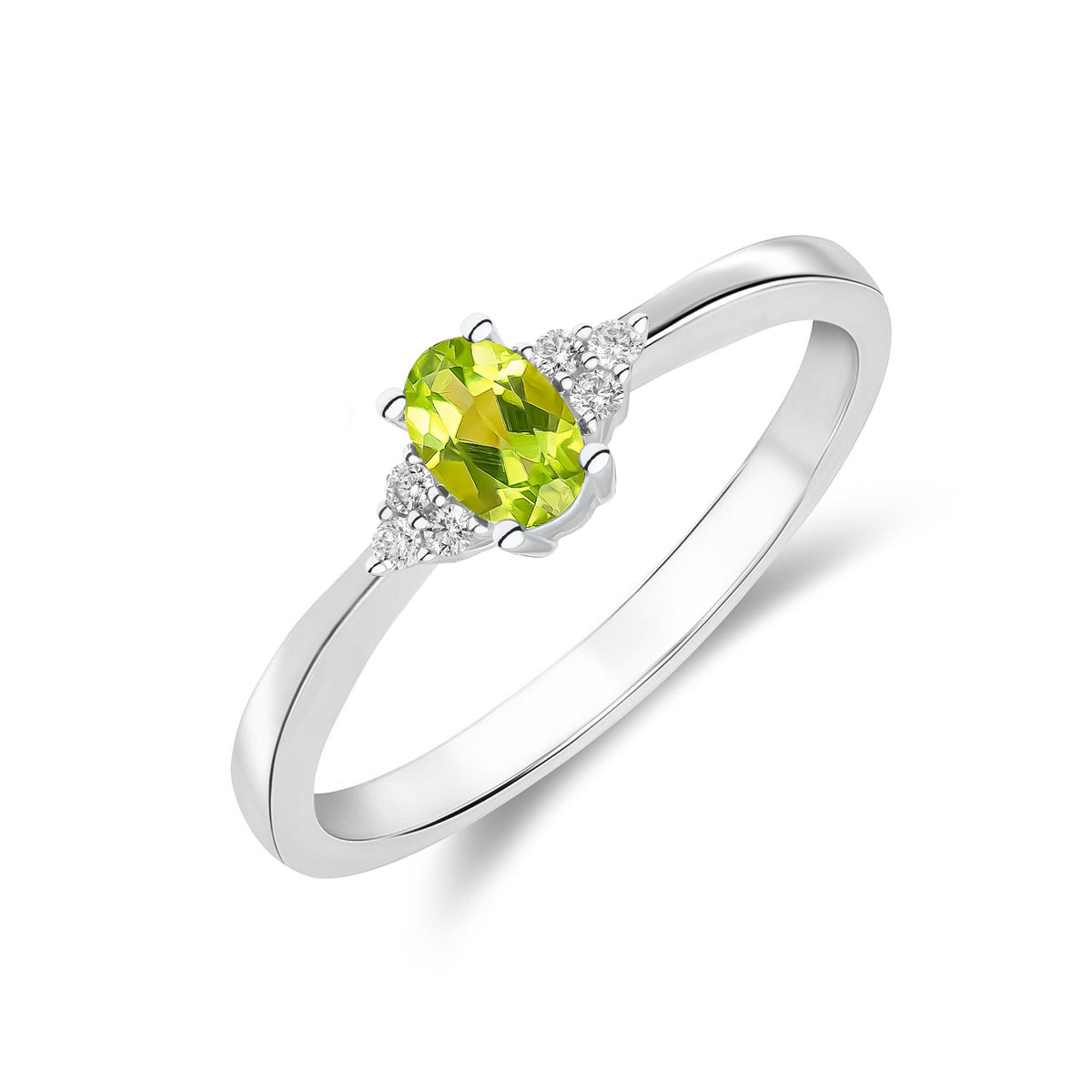 9CT WG 6X4 OVAL PERIDOT & ROUND DIAMOND TREFOIL SHOULDERS CLAW SET RING