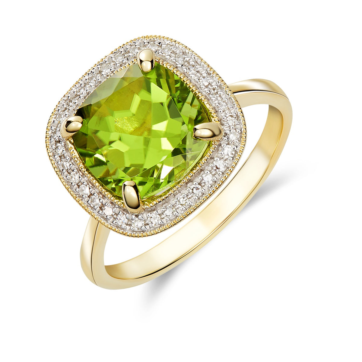 9CT YG 9MM CUSHION PERIDOT AND DIAMOND CLUSTER RING WITH MILLEGRAIN EDGE. RHODIUM TO DIAMONDS ( NOT CURRENTLY AVAILABLE DUE TO STONE SHORTAGE )