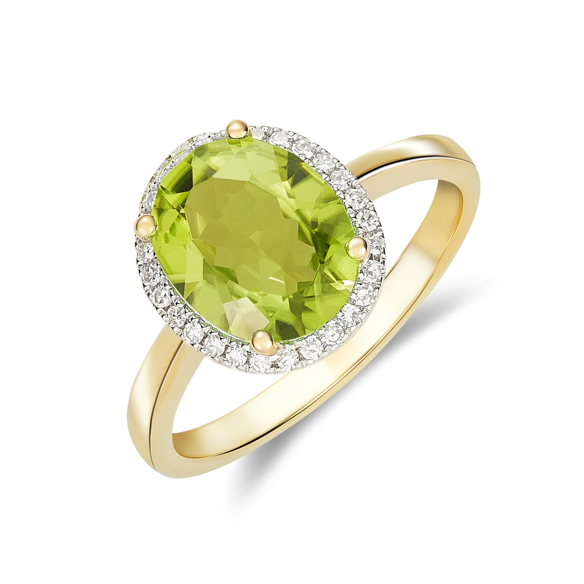 9CT YG 10X8 OVAL PERIDOT AND DIAMOND CLAW SET CLUSTER RING. RHODIUM TO DIAMONDS