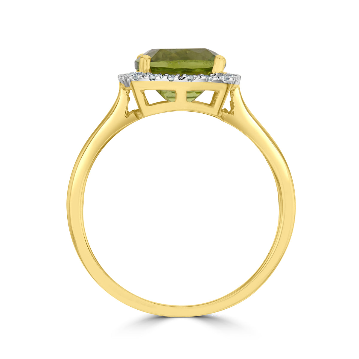 9CT YG 8MM CUSHION PERIDOT AND ROUND DIAMOND CLAW SET CLUSTER RING. RHODIUM TO DIAMONDS * CURRENTLY UNAVAILABLE DUE TO STONE SHORTAGE *