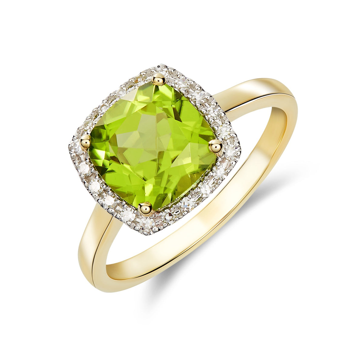 9CT YG 8MM CUSHION PERIDOT AND ROUND DIAMOND CLAW SET CLUSTER RING. RHODIUM TO DIAMONDS * CURRENTLY UNAVAILABLE DUE TO STONE SHORTAGE *