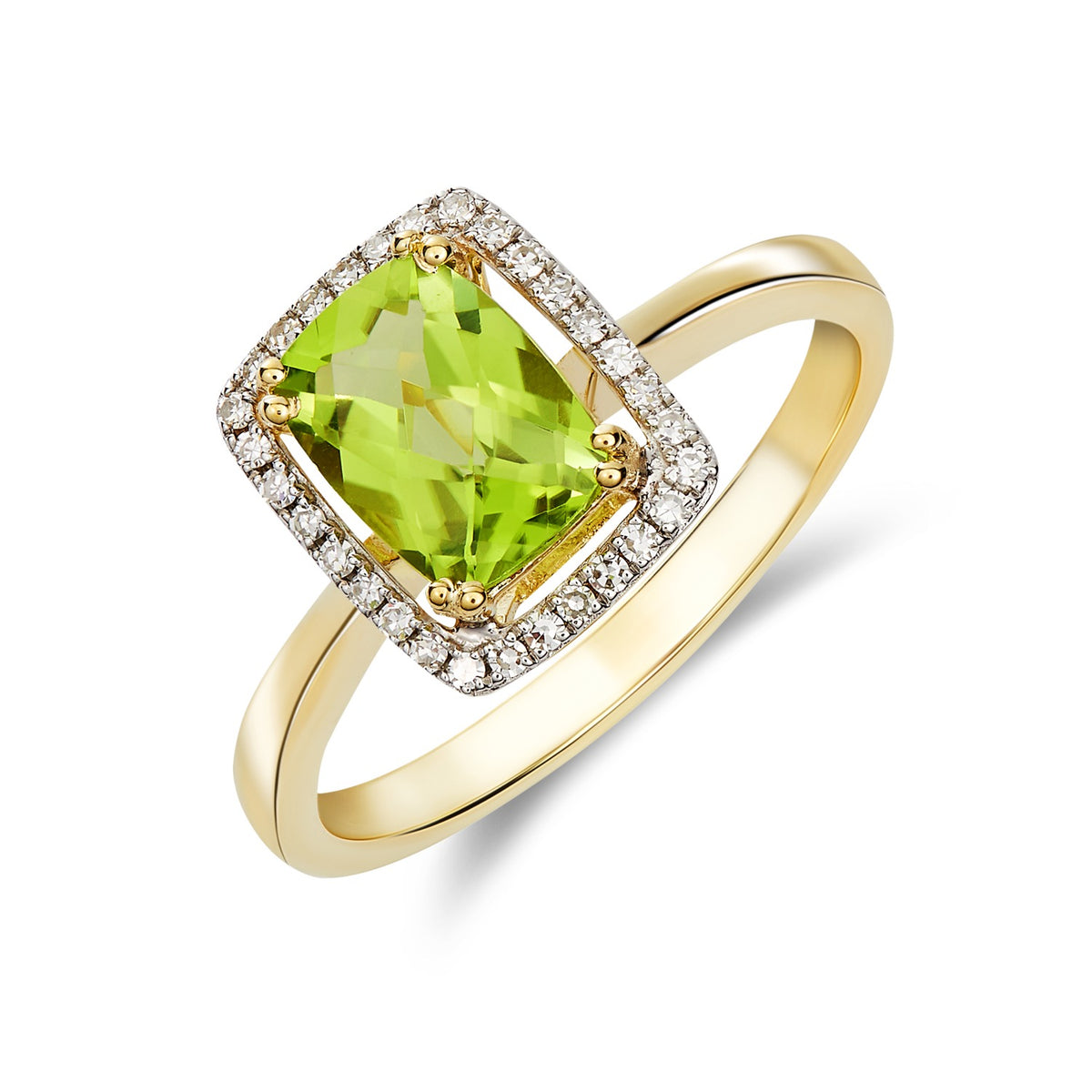 9CT YG 8X6 CUSHION CHECKERBOARD CUT PERIDOT & DIAMOND HALO CLUSTER RING. RHODIUM TO DIAMONDS