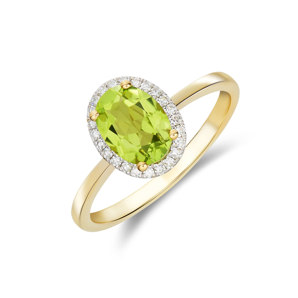 9CT YG 8X6 OVAL PERIDOT AND DIAMOND CLAW SET CLUSTER RING. RHODIUM TO DIAMONDS