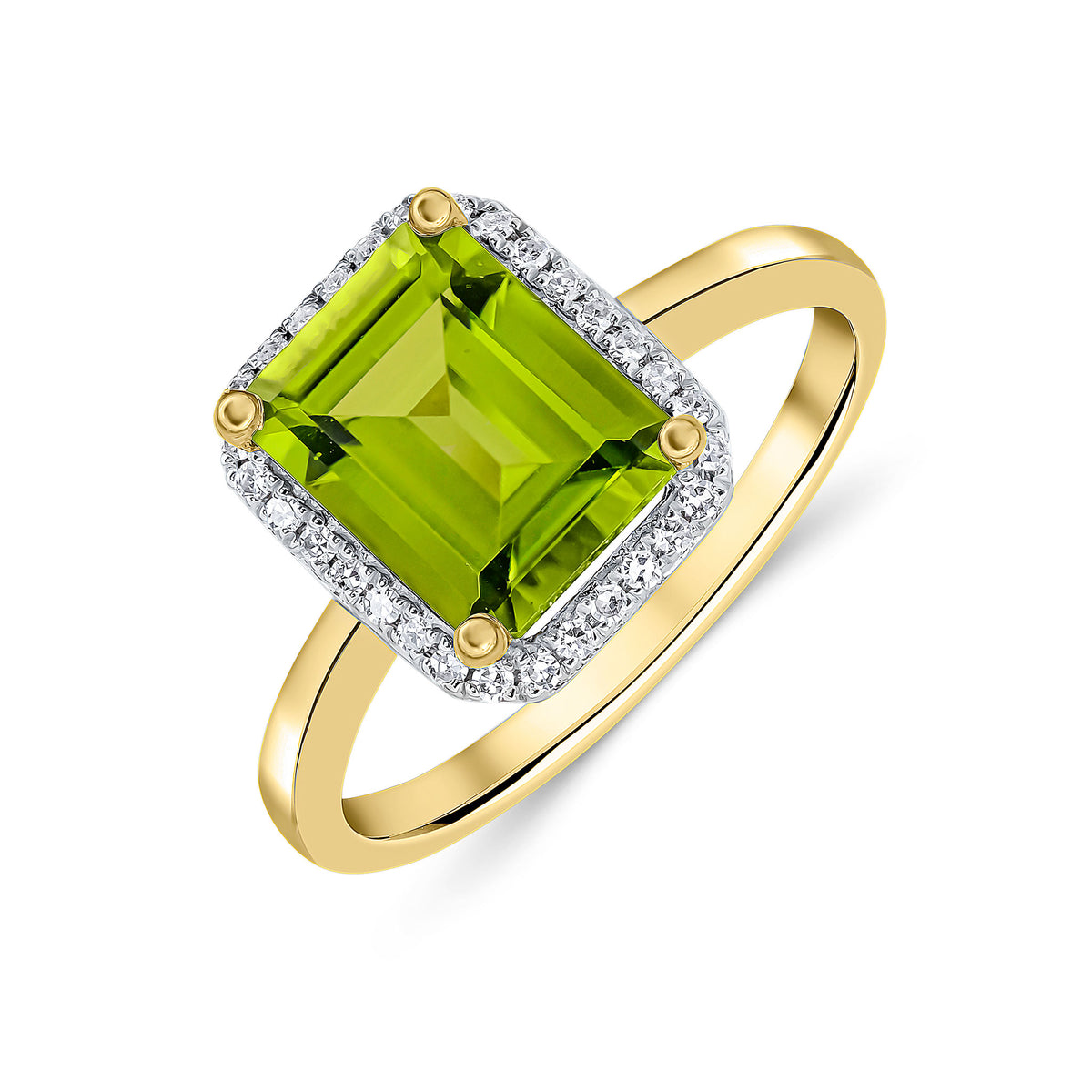 9CT YG 9X7 OCTAGON PERIDOT & DIAMOND CLAW SET CLUSTER RING RHODIUM TO DIAMONDS