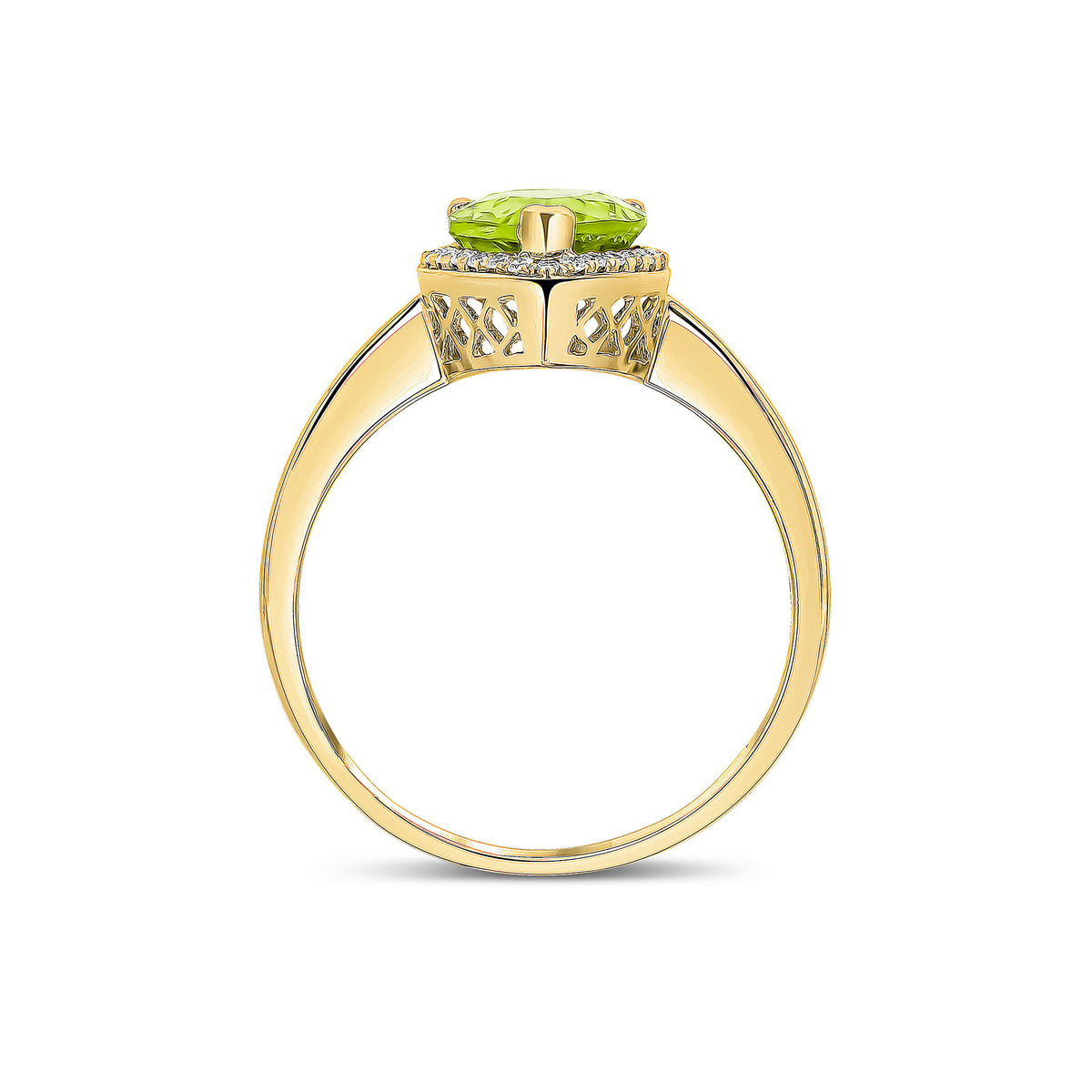9CT YG 9X7 PEARSHAPE PERIDOT & DIAMOND CLAW SET CLUSTER RING. RHODIUM TO DIAMONDS