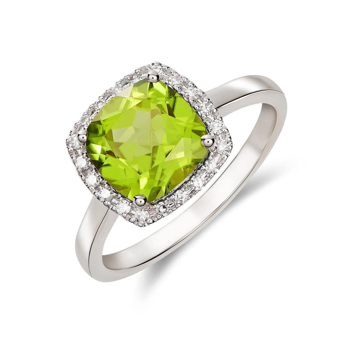 9CT WG 8MM CUSHION PERIDOT AND ROUND DIAMOND CLAW CLUSTER RING* CURRENTLY UNAVAILABLE DUE TO STONE SHORTAGE *