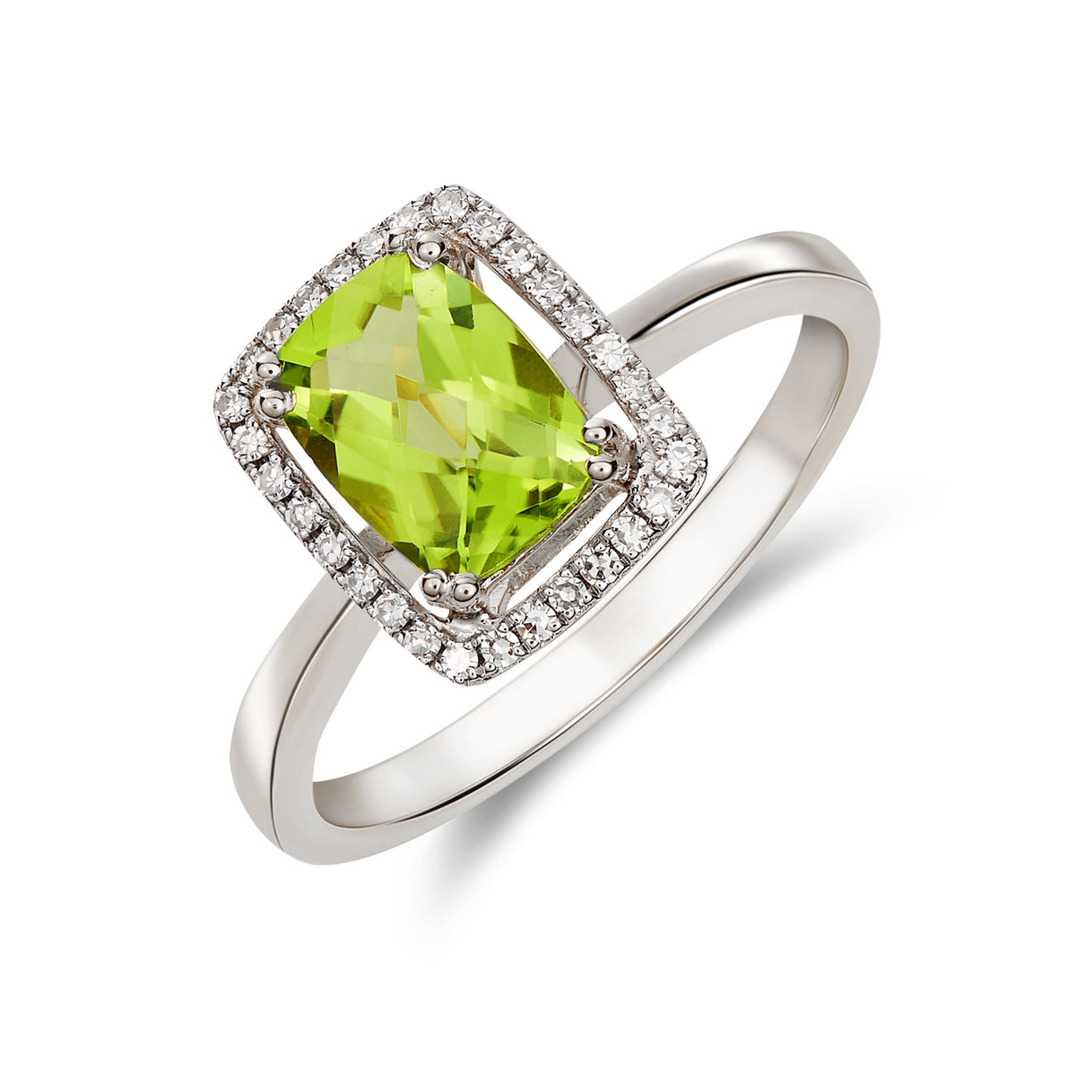 9CT WG 8X6 CUSHION CHECKERBOARD CUT PERIDOT & DIAMOND HALO CLUSTER RING