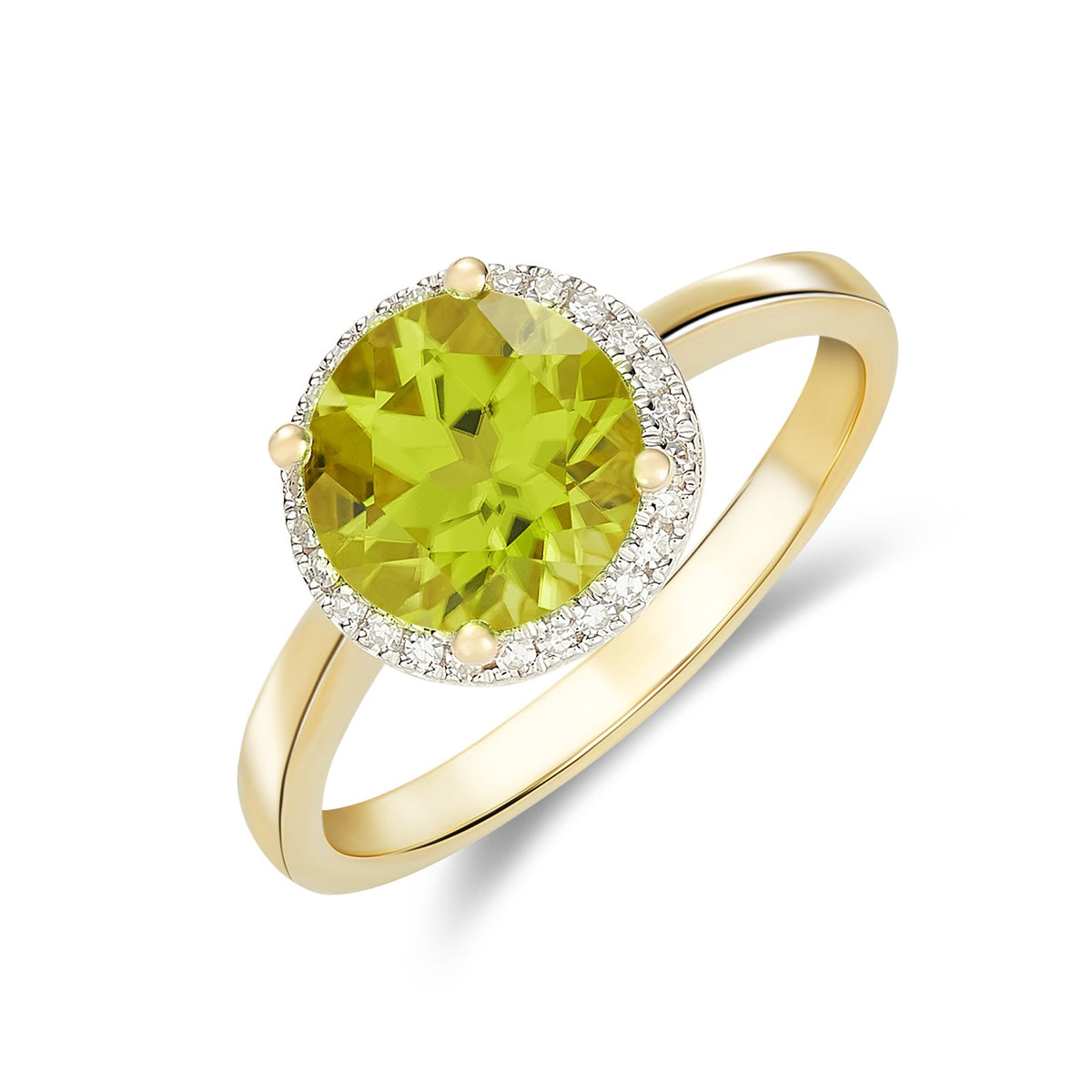9CT YG 8MM ROUND PERIDOT AND DIAMOND CLAW CLUSTER RING. RHODIUM TO DIAMONDS