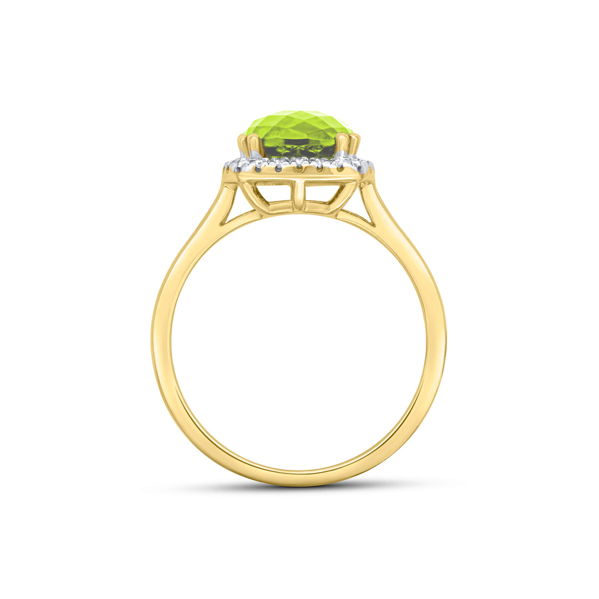 9CT YG 8MM CHECKERBOARD CUT CUSHION PERIDOT AND ROUND DIAMOND CLAW SET CLUSTER RING