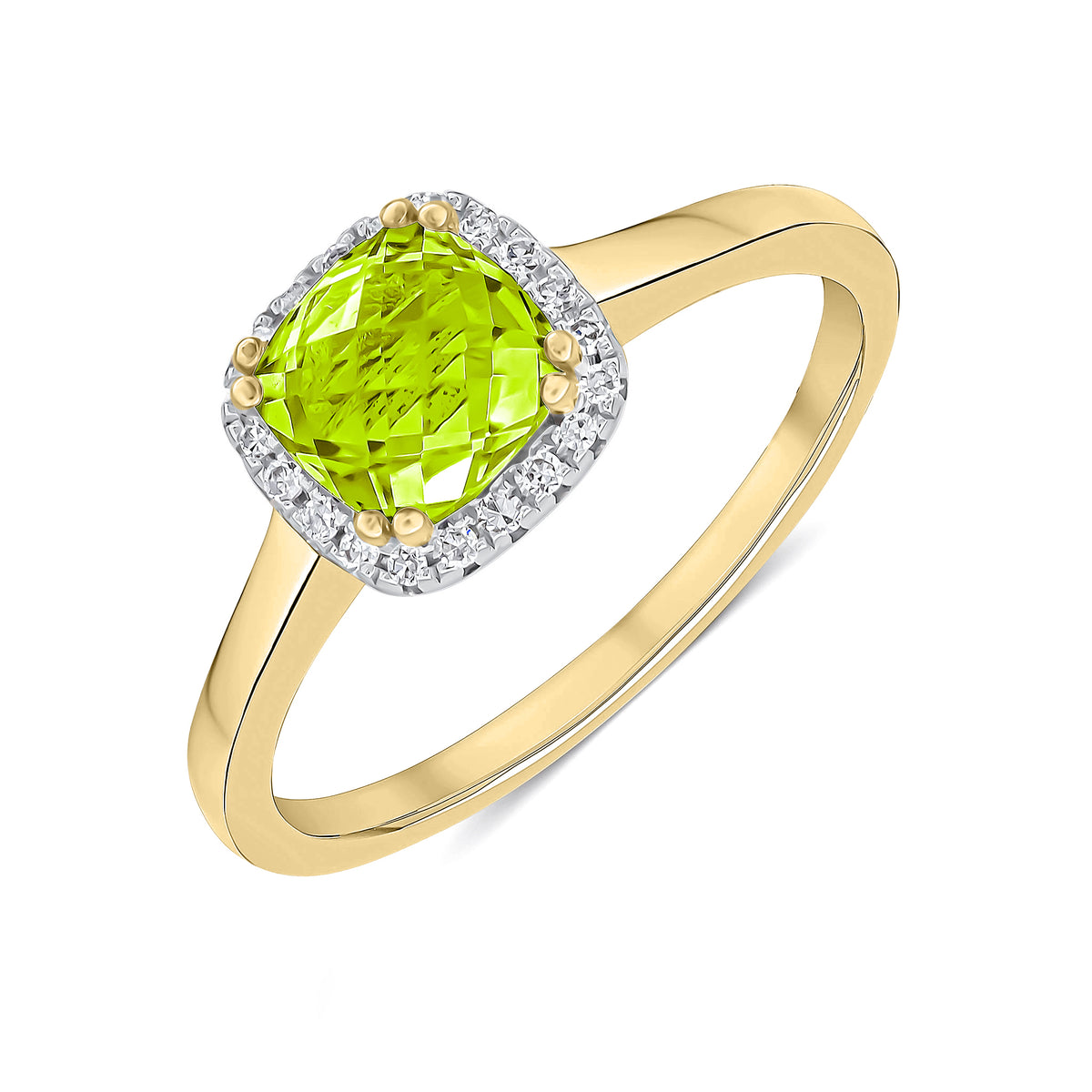 9CT YG 6MM CHECKERBOARD CUT CUSHION PERIDOT AND ROUND DIAMOND CLAW SET CLUSTER RING