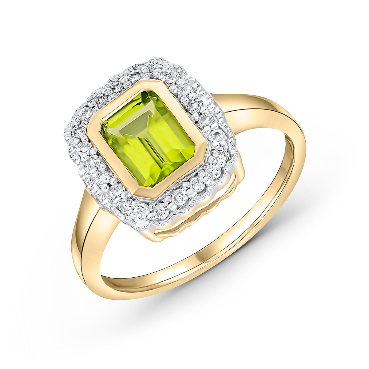 9CT YG RUBOVER 7X5 OCTAGON PERIDOT AND DIAMOND CLUSTER RING WITH MILLEGRAIN EDGE. RHODIUM TO DIAMONDS