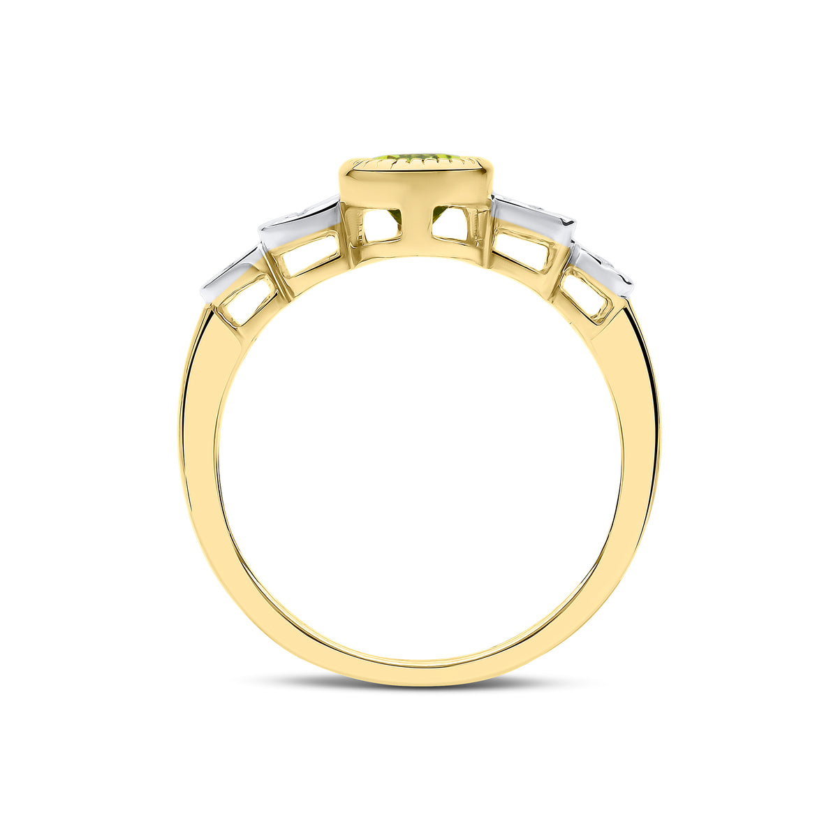9CT YELLOW GOLD MILLEGRAIN PEARSHAPE PERIDOT  AND ILLUSION DIAMOND 4ST SHOULDERS RING. RHODIUM TO DIAMONDS